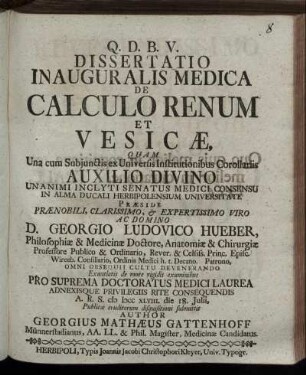 Dissertatio Inauguralis Medica De Calculo Renum Et Vesicæ