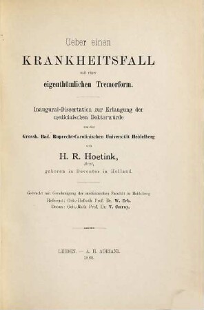 Ueber einen Krankheitsfall mit einer eigenthümlichen Tremorform