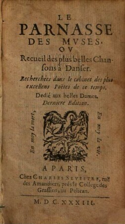 Le Parnasse Des Mvses, Ov Recueil des plus belles Chansons à Danser, [1]