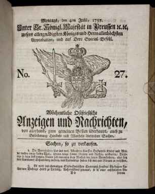 No. 27. Montags, den 4ten Julii, 1757.