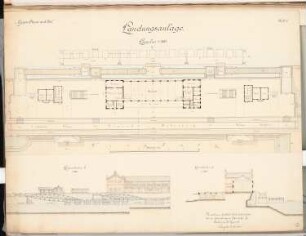 Seehafen Schinkelwettbewerb 1898: Landungsanlage. Lageplan, Schnitte 1:300