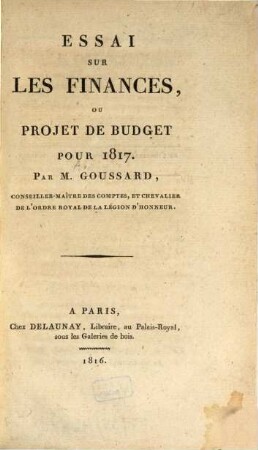 Essai sur les finances, ou projet de budget pour 1817