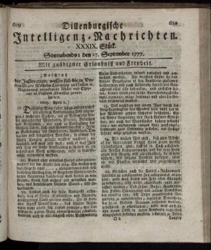 XXXIX. Stück. Sonnabends: den 27. September 1777.