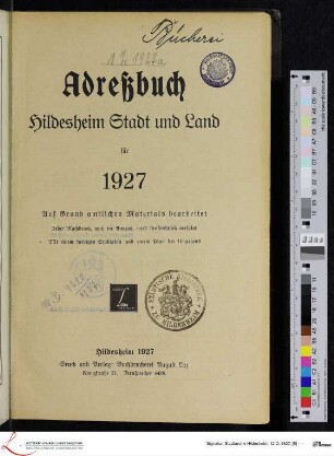 1927: [1927] Adreßbuch Hildesheim Stadt und Land : für 1927