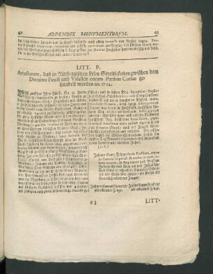 Litt. P. Attestatum, daß in Rittbergischen Lehn-Streitigkeiten zwischen dem Domino Feudi und Vasallen coram Paribus Curiae gehandelt worden an. 1704.