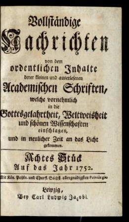 Achtes Stück. Auf das Jahr 1752
