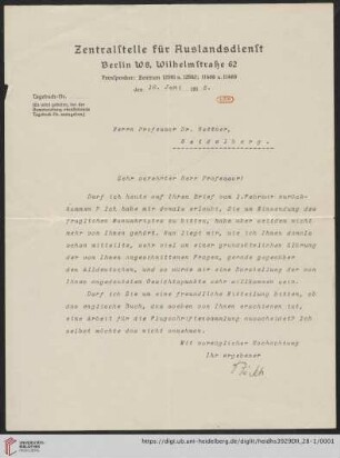 Nachlass Alfred Hettner, Eingegangene Briefe, Korrespondenz Zentralstelle für Auslandsdienst, Berlin/Alfred Hettner: Brief von Ernst Jäckh von Zentralstelle für Auslandsdienst (Berlin) an Alfred Hettner