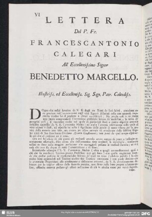 Lettera Francescantonio Calegari - Benedetto Marcello