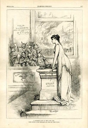A murderer hung in time saves nine. Where reform is most necessary, all over the United States : Justitia spricht vor Gericht zu einer Jury, die aus Eseln, Gänsen und Füchsen besteht