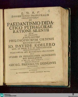 Dissertatio Inavgvralis Philosophica De Paedantismo Didactico Pythagorae Ratione Silentii