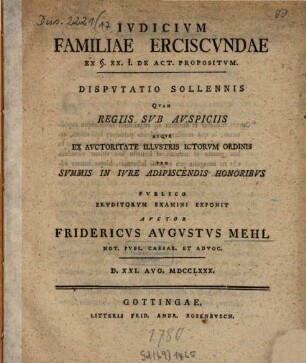 Iudicium familiae erciscundae ex §. XX. I de act. propositum : Disputatio sollemnis ...