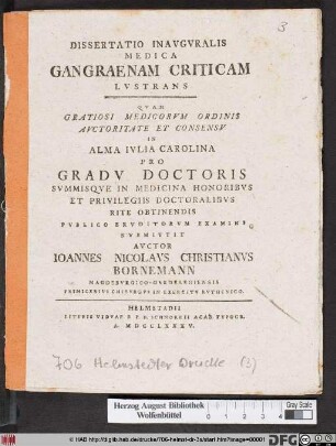 Dissertatio Inavgvralis Medica Gangraenam Criticam Lvstrans