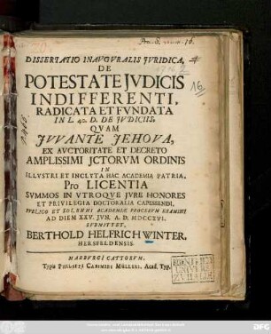 Dissertatio Inavgvralis Jvridica, De Potestate Jvdicis Indifferenti, Radicata Et Fvndata In L. 40. D. De Jvdiciis