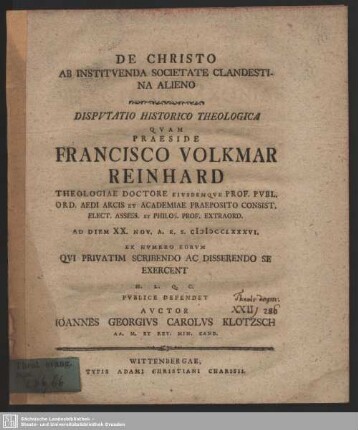 De Christo Ab Instituenda Societate Clandestina Alieno : Disputatio Historico Theologica