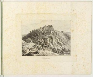 Stadt und Burg (Schloss) Wolkenstein im Erzgebirge über der Zschopau von Südwesten; Blatt 7 aus Zehn Ansichten merkwürdiger Gegenden in Sachsen von Ludwig Richter