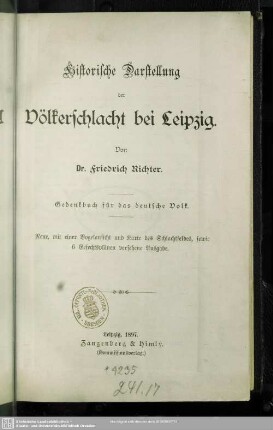 Historische Darstellung der Völkerschlacht bei Leipzig : Gedenkbuch für das deutsche Volk
