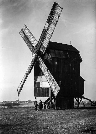 Riesa-Pochra. Bockmühle, im Hintergrund Stadtsilhouette von Strehla
