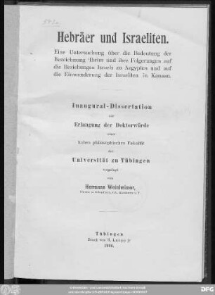 Hebräer und Israeliten : eine Untersuchung über die Bedeutung der Bezeichnung ʿIbrim und ihre Folgerungen auf die Beziehungen Israels zu Aegypten und auf die Einwanderung der Israeliten in Kanaan