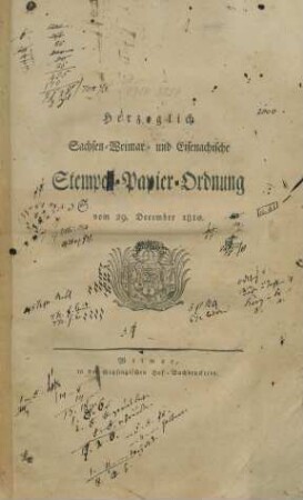 Herzoglich Sachsen-Weimar- und Eisenachische Stempel-Papier-Ordnung vom 29. December 1810