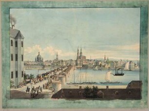Ansicht der Altstadt von Dresden, Blick über die Elbbrücke (alte Augustusbrücke) nach Süden