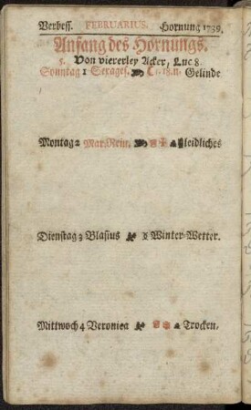 Verbess. Februarius. Hornung 1739.