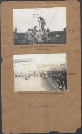 Prinz Leopold in der Gondel eines Fesselballons vor dem Aufstieg