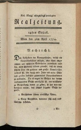 14tes Stück. Wien den 9ten April 1774.