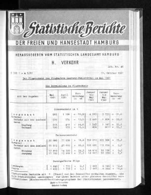 Der Flugverkehr des Flughafens Hamburg-Fuhlsbüttel im Mai 1961 : Lfd. Nr. 46