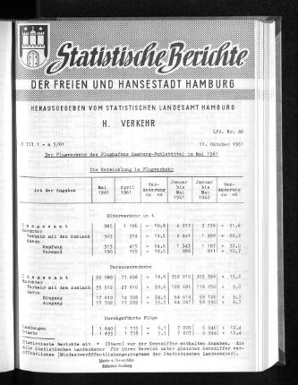 Der Flugverkehr des Flughafens Hamburg-Fuhlsbüttel im Mai 1961 : Lfd. Nr. 46