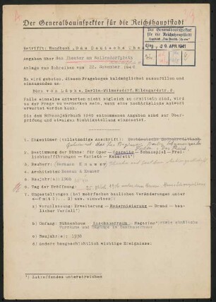 Theater am Nollendorfplatz (auch: Neues Schauspielhaus und Mozartsaal, Metropol), Berlin: Fragebogen für das Handbuch »Das Deutsche Theater«, vierseitiges Dokument