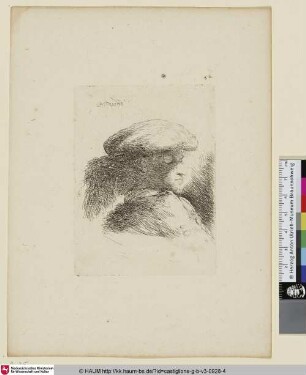 Jeune homme vu presque de profil et tourné vers la droite [Kopf eines jungen Mannes mit Federbarett]