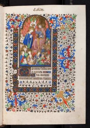 Bordüren-Miniatur-Seite: (Wochentagsgebet: Dienstag) Marienkrönung; Zierinitiale: D(omine labia mea)
