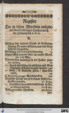 Register der in disem Wercklein enthaltenen merckwürdigen Sachen nach der Ordnung deß ABC.