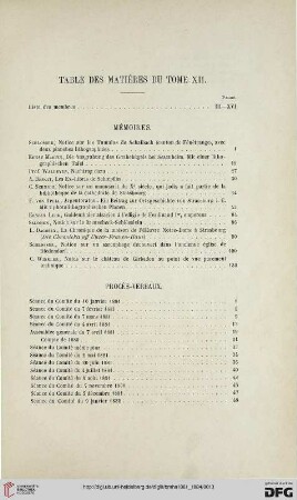Table des matières du tome XII