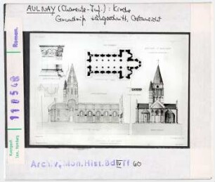 Aulnay, St. Pierre: Grundriss, Längsschnitt, Ostansicht