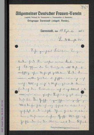 Brief von Karoline Balser an Helene Lange