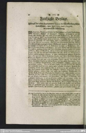 Funfzigste Beylage. Abdruck der alten sogenannten Union der Mecklenburgischen Land-Stände, vom Jahr 1523. den 1. Augusti. in hochteutscher Uebersetzung