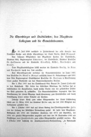 I. Die Ehrenbürger und Stadtältesten; Das Magistratskollegium un die Gemeindebeamten