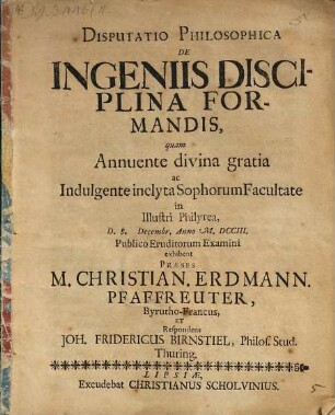 Disputatio Philosophica De Ingeniis Disciplina Formandis