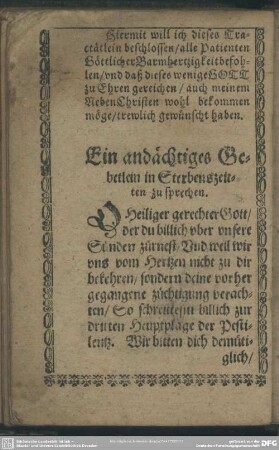 Ein andächtiges Gebetlein in Sterbenszeiten zu sprechen
