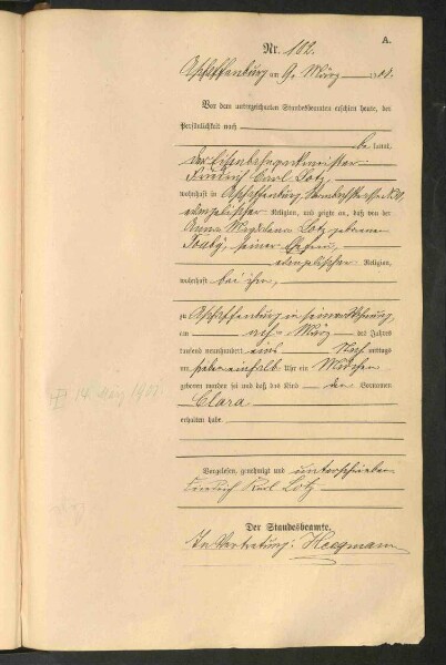 Standesamtsbuch der Stadt Aschaffenburg: Geburten 365/1900 - 184/1901