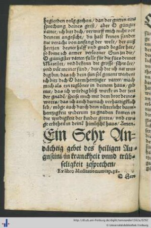 Ein Sehr Andächtig gebet des heiligen Augustini in kranckheit unnd trübseligkeit zesprechen.