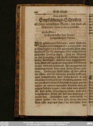 Das zehende Empfehlungs-Schreiben an einen vornehmen Mann, den man als Schwieger-Vater zu ehren gedencket.