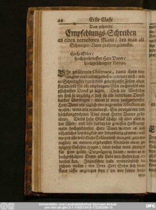 Das zehende Empfehlungs-Schreiben an einen vornehmen Mann, den man als Schwieger-Vater zu ehren gedencket.