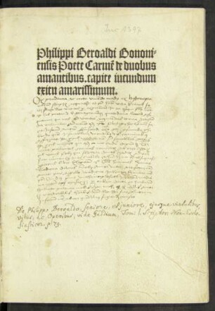 Philippi Beroaldi Bononi=||ensis Poete Carmẽ de duobus || amantibus. capite iucundum || exitu amarissimum.|| (Fabula Tancredi ex boccatio || in latinũ verso ... ||)