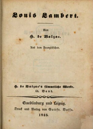 H. de Balzac's sämmtliche Werke. 64, Louis Lambert