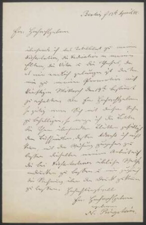 Nathanael Pringsheim, Brief und Beilagen