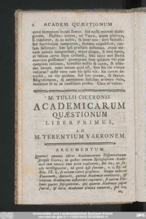 M. Tullii Ciceronis Academicarum Quaestionum Liber Primus, Ad M. Terentium Varronem.