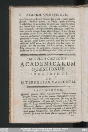 M. Tullii Ciceronis Academicarum Quaestionum Liber Primus, Ad M. Terentium Varronem.