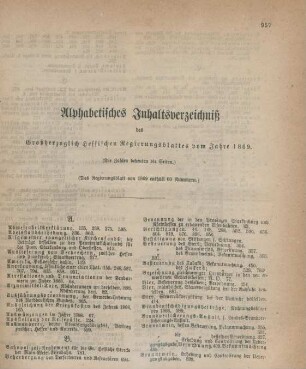 Alphabetisches Inhaltsverzeichniß des Großherzoglich Hessischen Regierungsblattes vom Jahre 1869